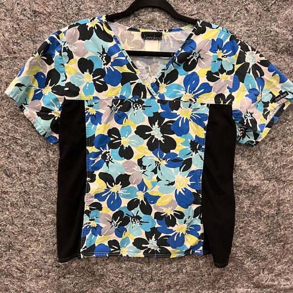 Cherokee Tops - Cherokee Scrub- Women’s XL- Black Blue Floral - Stretch Sides - Vneck